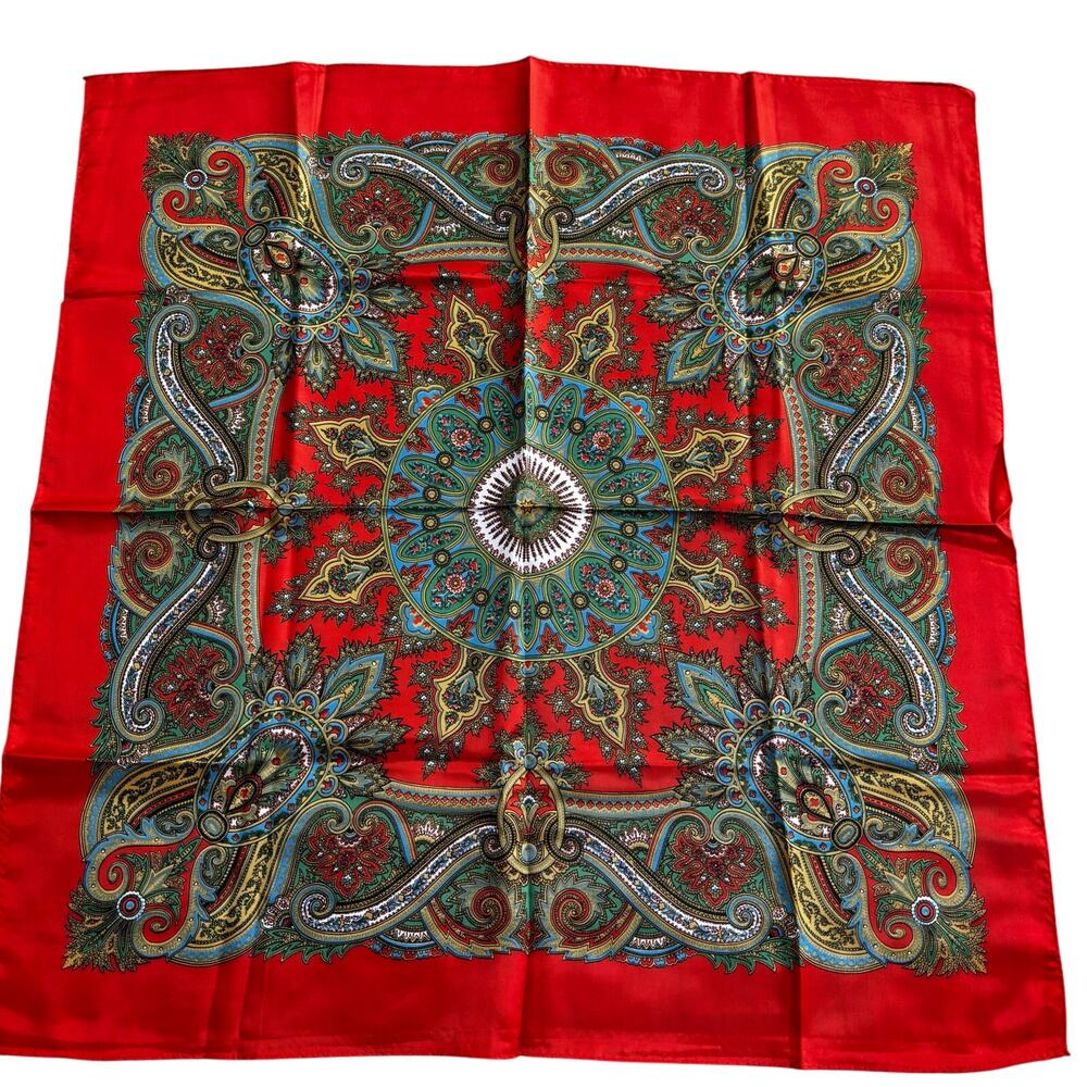Vintage acetate scarf square red gold made in Japan mid century classic paisley
